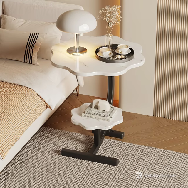 Modern Two Tier Marble Top Side Table With Lamp Tray And Black Metal Frame 3d model 