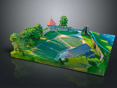 Cartoon Scene Design Featuring Castle Green Meadow Trees And Red Roof Building 3d model
