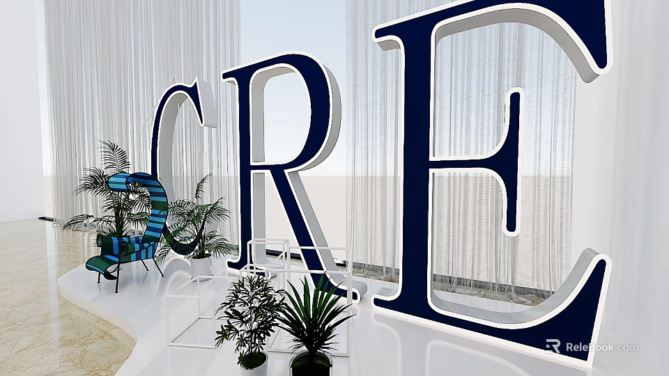 Photo Check In Spot With Giant CRE Letters Green Plants And Modern Seating 3d model 