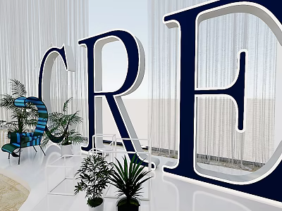 Photo Check In Spot With Giant CRE Letters Green Plants And Modern Seating 3d model