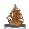 Intricate Wooden Ship Sculpture With Detailed Sails And Circular Display Base