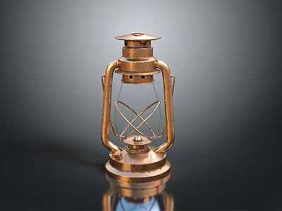 Vintage Brass Kerosene Lamp With Metal Frame On Reflective Surface 3d model