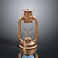 Vintage Brass Kerosene Lamp With Metal Frame On Reflective Surface