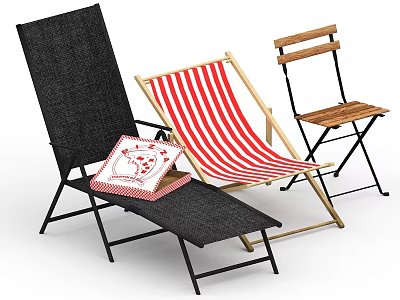Stylish Red White Striped Lounge Chair with Black Frame and Wooden Folding Design 3d model