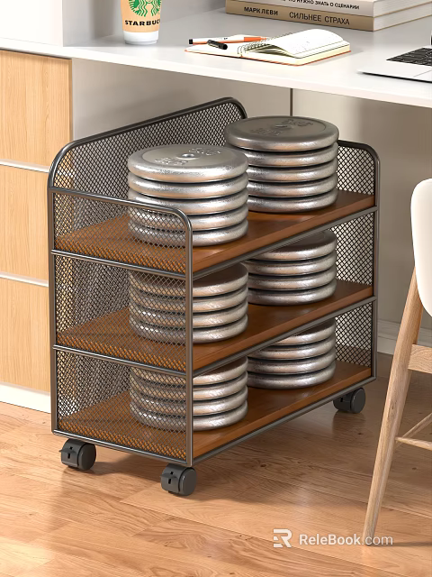 Three Tier Metal Mesh Storage Rack With Stacked Silver Discs On Wooden Shelves And Wheels 3d model 