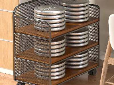 Three Tier Metal Mesh Storage Rack With Stacked Silver Discs On Wooden Shelves And Wheels 3d model