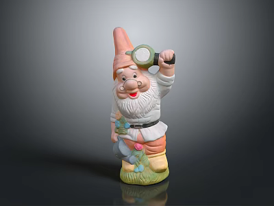 Garden Gnome Statue With Pointed Hat Holding Magnifying Glass And Flowers On Decorative Base 3d model