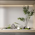 Japanese-style Indoor Landscape With Karesansui Bamboo Curtain Stones Green Plants And Stone Lanterns