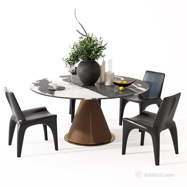 Modern Dining Table Set With Round Marble Top Brown Cone Base And Black Chairs 3d model