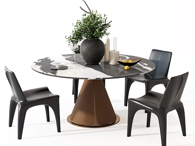 Modern Dining Table Set With Round Marble Top Brown Cone Base And Black Chairs 3d model