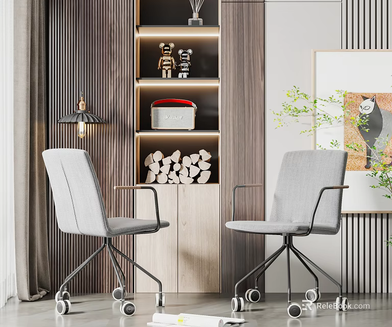 Modern Grey Office Chair with Wheels and Armrests in Interior with Bookshelf and Green Plant 3d model 