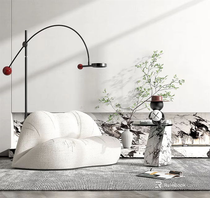 Stylish White Single Sofa With Modern Floor Lamp Green Plant And Marble Side Table Decor 3d model 