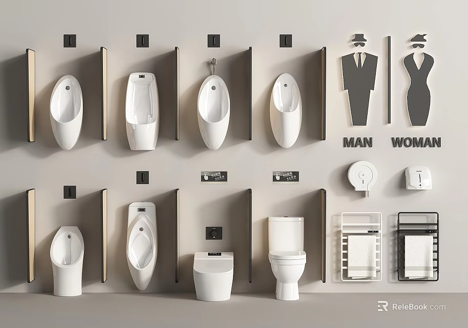 Public Restroom Interior With Wall Mounted Urinals Toilets Gender Signs And Shelves 3d model 
