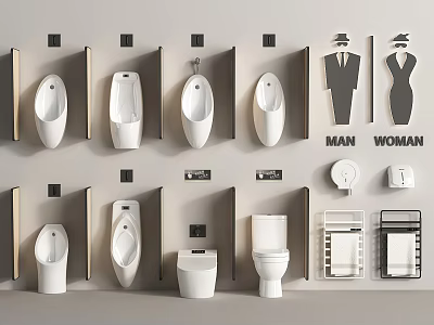 Public Restroom Interior With Wall Mounted Urinals Toilets Gender Signs And Shelves 3d model