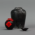 Traditional Chinese Black Ceramic Jars With Red Lid Fortune Character And Small Dish