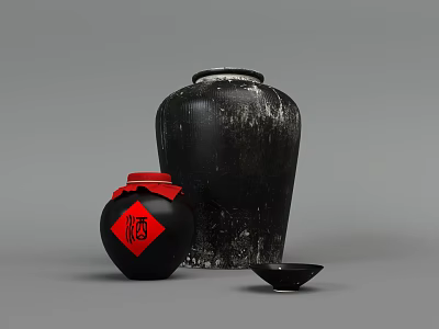 Traditional Chinese Black Ceramic Jars With Red Lid Fortune Character And Small Dish 3d model