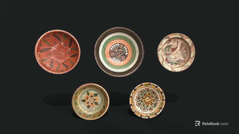 Colorful Ceramic Plates With Various Decorative Floral And Bird Patterns 3d model
