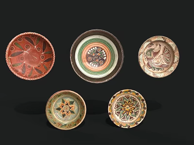 Colorful Ceramic Plates With Various Decorative Floral And Bird Patterns 3d model