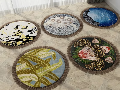 Round Decorative Carpets With Various Floral Leaf And Landscape Patterns And Fringed Edges 3d model