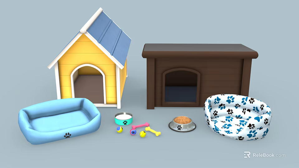 Colorful Dog Supplies Including Two Dog Houses Pet Beds Bowls And Toys 3d model 