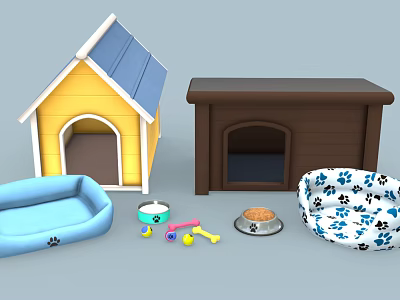 Colorful Dog Supplies Including Two Dog Houses Pet Beds Bowls And Toys 3d model