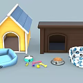 Colorful Dog Supplies Including Two Dog Houses Pet Beds Bowls And Toys