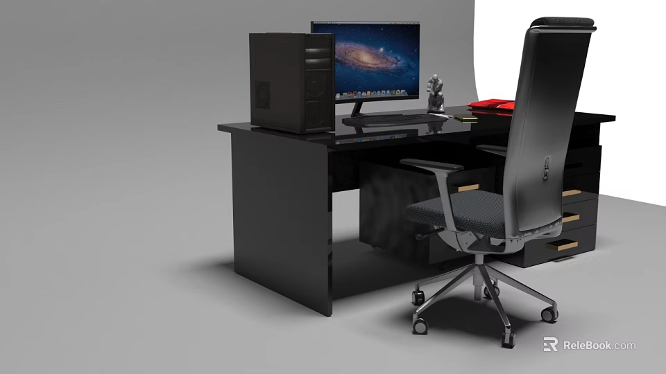 Black Office Desk And Chair Set With Computer Monitor CPU And Modern Design 3d model 