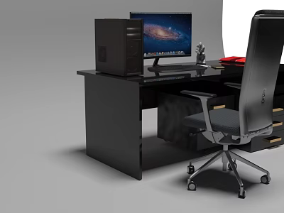 Black Office Desk And Chair Set With Computer Monitor CPU And Modern Design 3d model