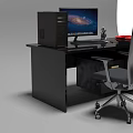 Black Office Desk And Chair Set With Computer Monitor CPU And Modern Design
