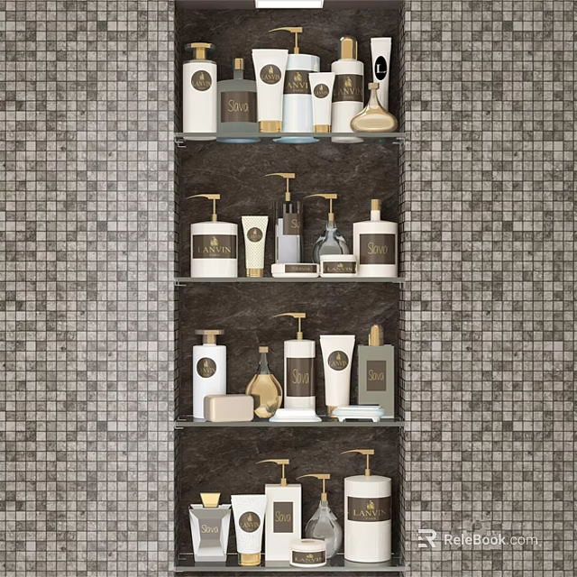 Organized Bathroom Shelf With Stylish Toiletries And Mosaic Tile Wall 3d model 