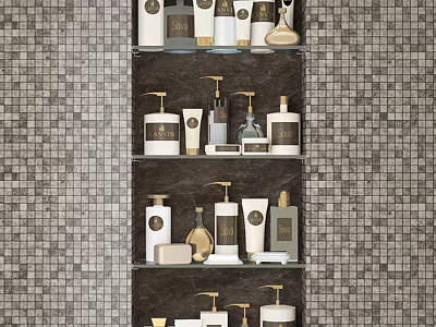 Organized Bathroom Shelf With Stylish Toiletries And Mosaic Tile Wall 3d model
