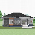 Modern Single Family Detached House With Dark Roof Tiles Stone Accents Front Porch And Landscaping
