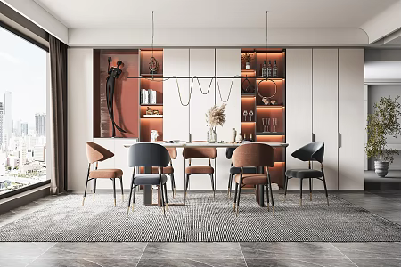 Light Luxury Restaurant Dining Table and Chair Chandelier 3d model