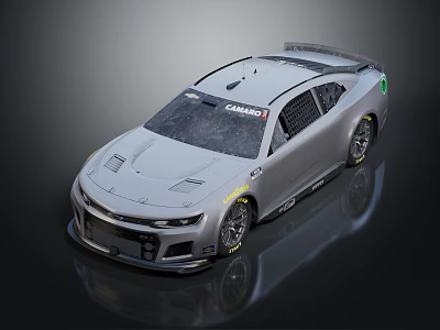 Silver Race Car With Rear Spoiler Front Design And Yellow Rims 3d model
