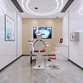 Modern Dental Clinic Interior With Red Treatment Chair And White Cabinets