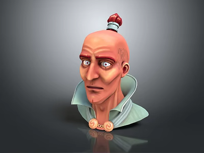 3D Character With Bald Head Red Topknot Blue Eyes Green Collar And Neck Buttons 3d model