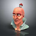 3D Character With Bald Head Red Topknot Blue Eyes Green Collar And Neck Buttons