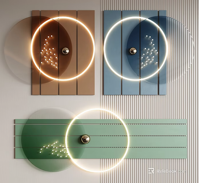 Circular Lighted Wall Decor With Multi Colored Striped Panels And Metal Accents 3d model