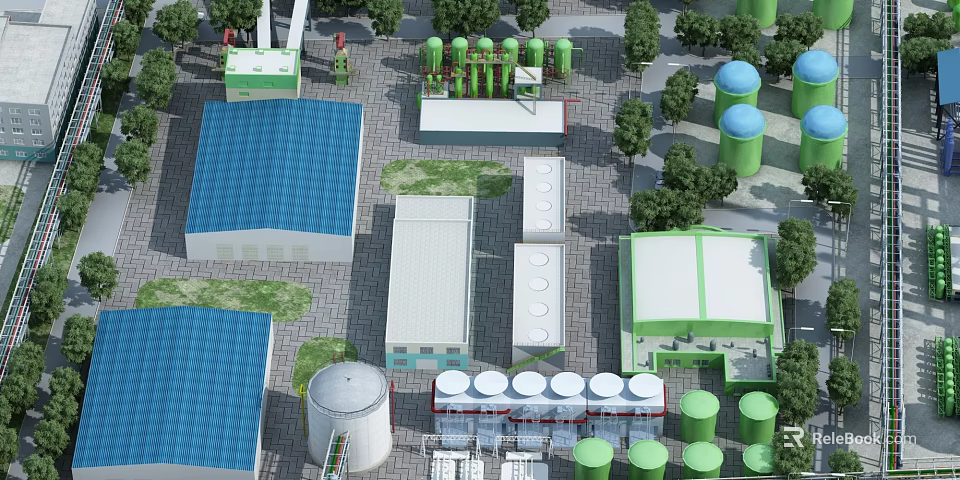 Industrial Plant with Green Storage Tanks Blue Roof White Buildings and Trees 3d model 