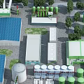 Industrial Plant with Green Storage Tanks Blue Roof White Buildings and Trees