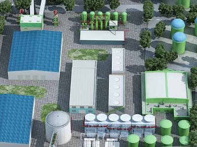 Industrial Plant with Green Storage Tanks Blue Roof White Buildings and Trees 3d model