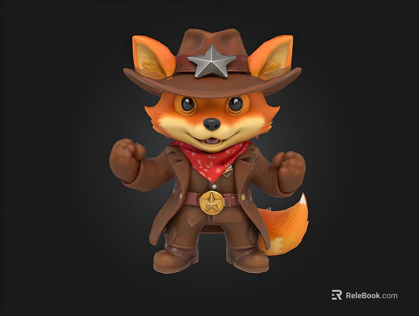 Cartoon Fox Cowboy Character Wearing Brown Hat With Star Red Bandana And Badge 3d model 