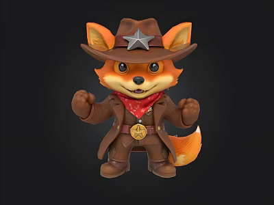 Cartoon Fox Cowboy Character Wearing Brown Hat With Star Red Bandana And Badge 3d model