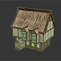 Traditional European Building With Two Story Design Thatched Roof And Timber Frame