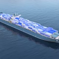Blue Cargo Ship Loaded With Many Shipping Containers On Ocean 3d model