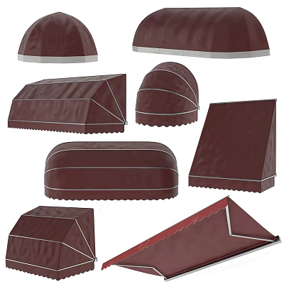 Burgundy Outdoor Awnings With Different Shapes And White Trim For Patio Use 3d model