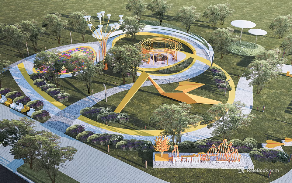 Beautiful Park Landscape With Curved Pathways Green Lawns Colorful Flower Beds And Decorative Trees 3d model 