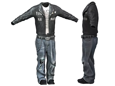 Black Leather Jacket With YOLO HI BRO Text Star Graphic And Distressed Jeans 3d model