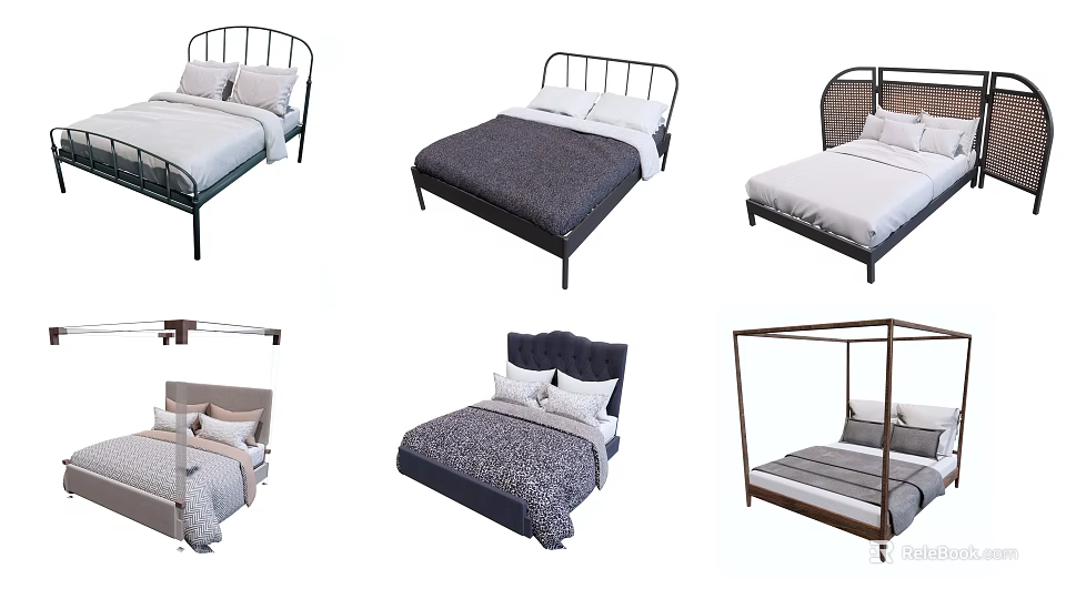 Various Modern Double Beds Featuring Metal Frames Upholstered Headboards and Canopy Styles 3d model 