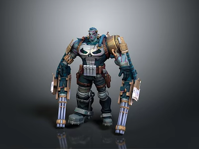 Mechanical Warrior Robot With Skull Emblem Blue Gold Armor And Dual Weapons 3d model